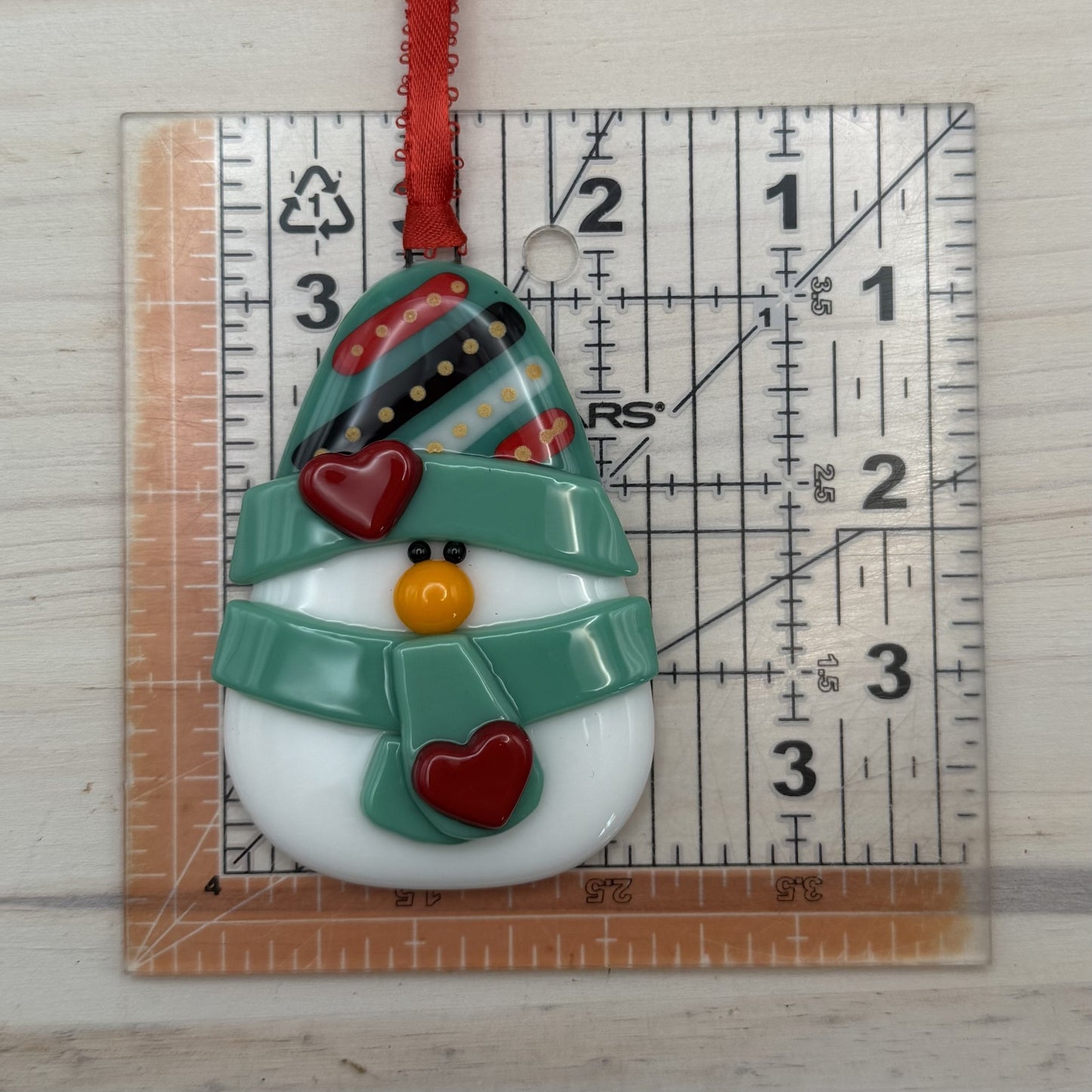 Handmade Fused Glass Snowman Ornament with Heart Accents – Jade Green Christmas Ornament – Ready to Ship