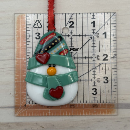 Handmade Fused Glass Snowman Ornament with Heart Accents – Jade Green Christmas Ornament – Ready to Ship