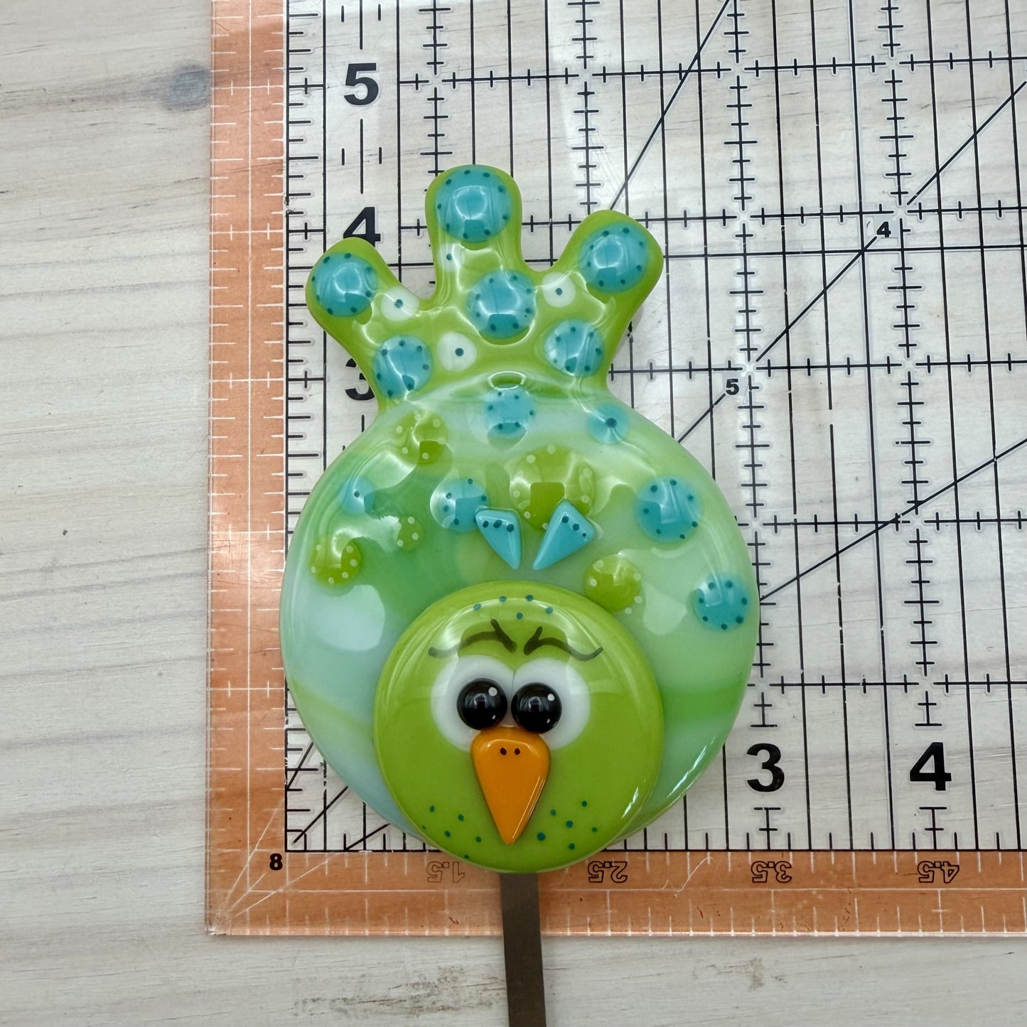 Whimsical Lime & Blue Fused Glass Bird Plant Stake – Garden Décor – Indoor / Outdoor Art