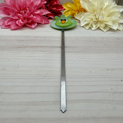 Whimsical Lime & Blue Fused Glass Bird Plant Stake – Garden Décor – Indoor / Outdoor Art