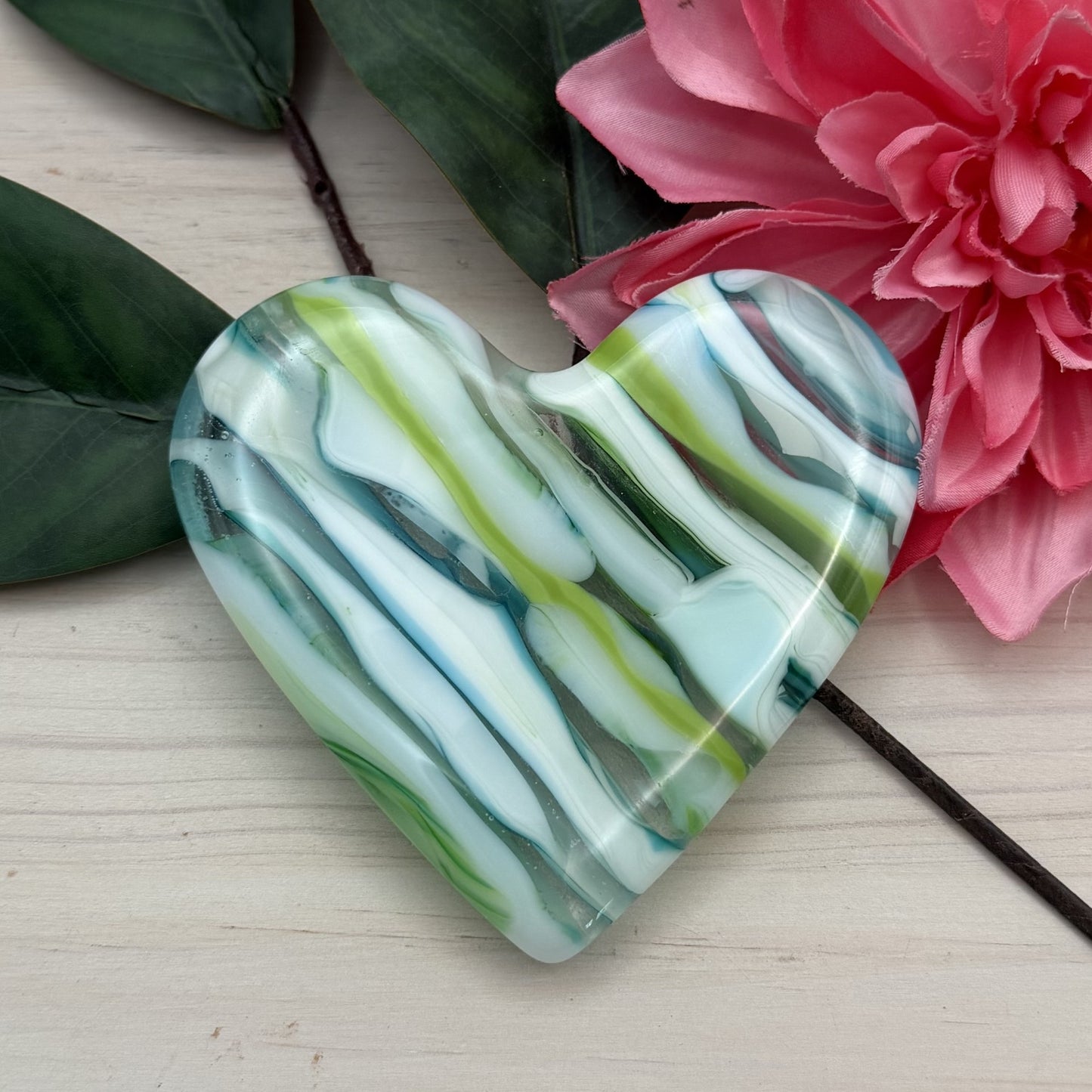 Large Aqua and Green Fused Glass Heart Keepsake Paperweight