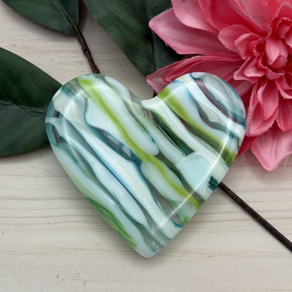 Large Aqua and Green Fused Glass Heart Keepsake Paperweight