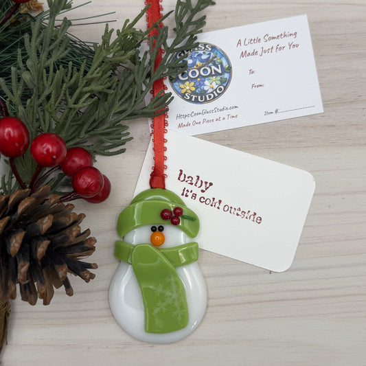 Lime Green Holly Fused Glass Snowman Ornament