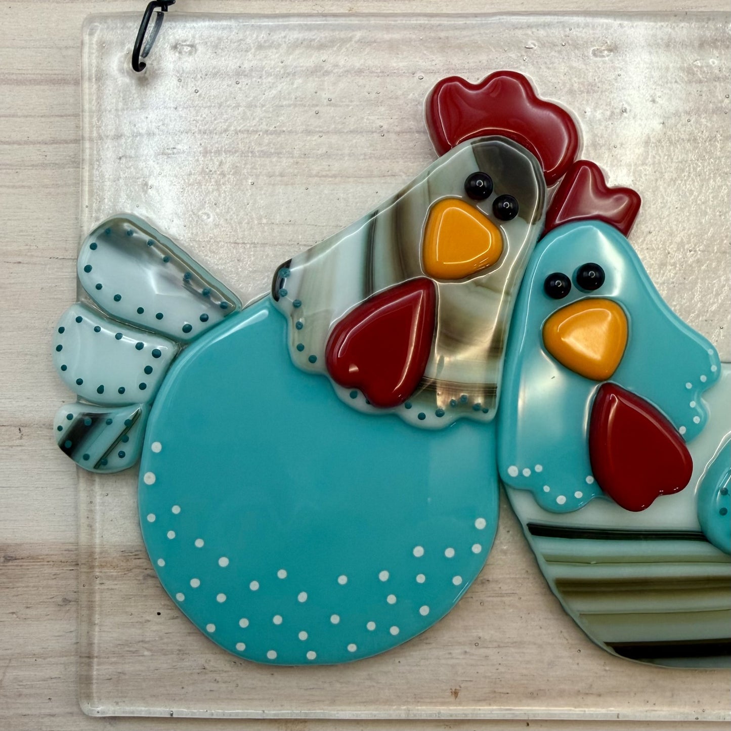 Whimsical Fused Glass Chicken Panel – “Spend Your Life Doing Strange Things With Weird People”