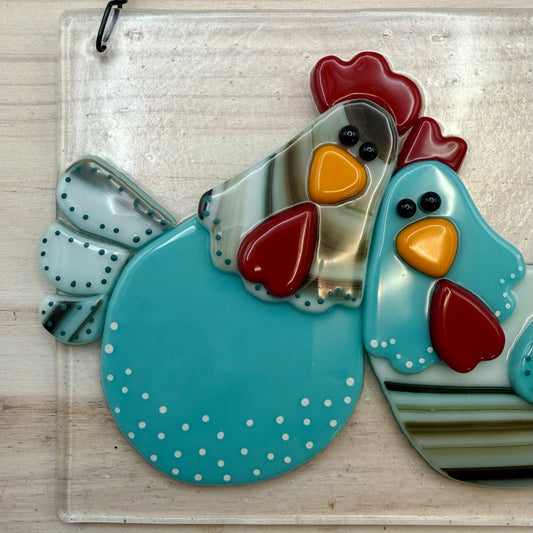 Whimsical Fused Glass Chicken Panel – “Spend Your Life Doing Strange Things With Weird People”