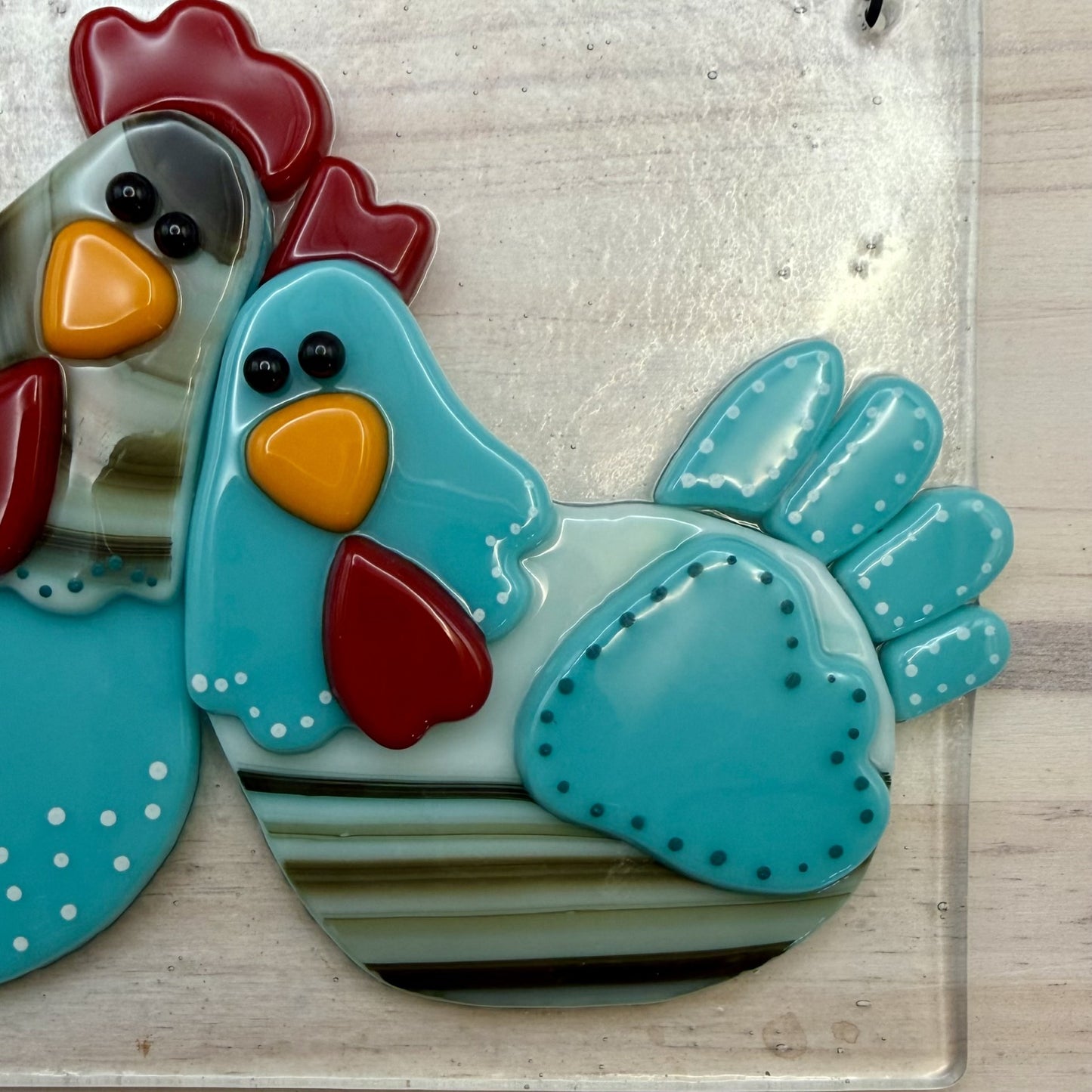 Whimsical Fused Glass Chicken Panel – “Spend Your Life Doing Strange Things With Weird People”