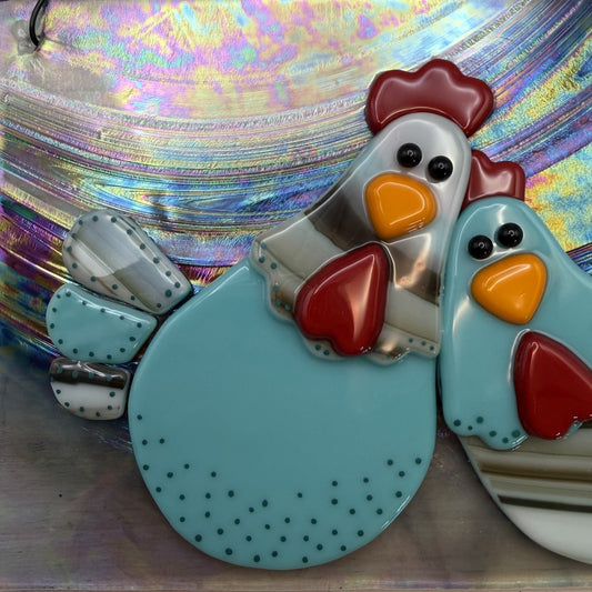 Whimsical Fused Glass Chicken Hanging Panel – Blue, Brown & Cream Chickens on Iridescent Glass