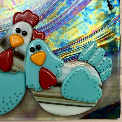 Whimsical Fused Glass Chicken Hanging Panel – Blue, Brown & Cream Chickens on Iridescent Glass