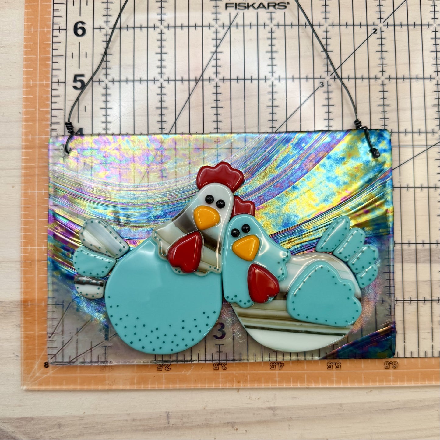 Whimsical Fused Glass Chicken Hanging Panel – Blue, Brown & Cream Chickens on Iridescent Glass