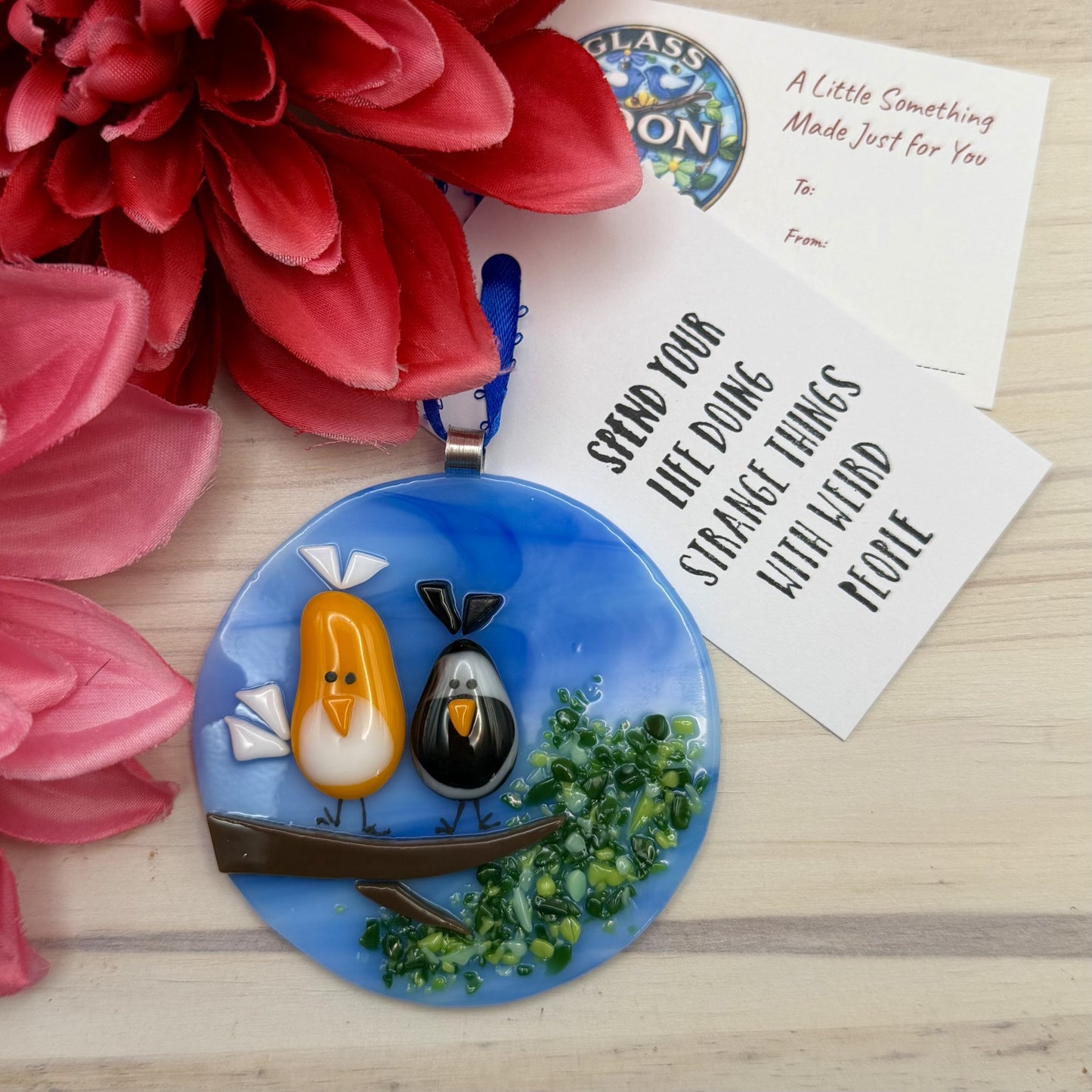 Whimsical Love Birds Fused Glass Ornament on Blue Wispy Glass | Bird Suncatcher Gift