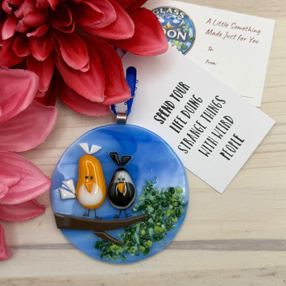 Whimsical Love Birds Fused Glass Ornament on Blue Wispy Glass | Bird Suncatcher Gift
