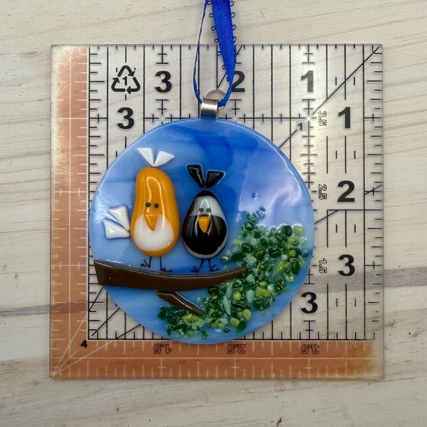 Whimsical Love Birds Fused Glass Ornament on Blue Wispy Glass | Bird Suncatcher Gift