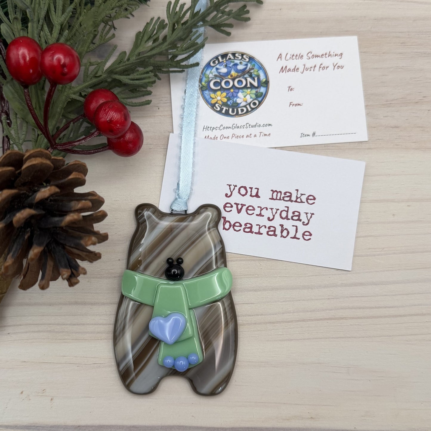 Handcrafted Fused Glass Brown Bear Ornament with Mint Green Scarf and Blue Heart – "You Make Everyday Bearable"