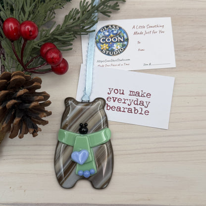 Handcrafted Fused Glass Brown Bear Ornament with Mint Green Scarf and Blue Heart – "You Make Everyday Bearable"