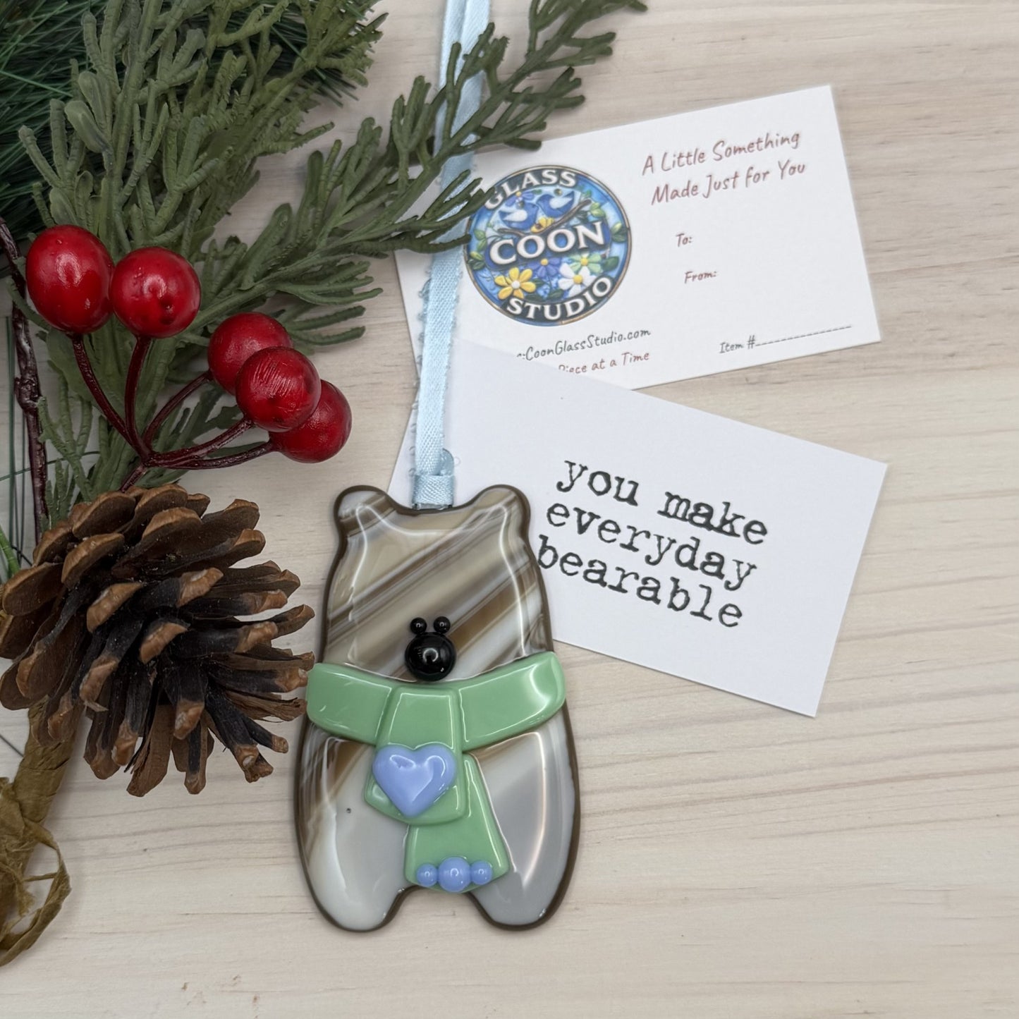 Handcrafted Fused Glass Brown Bear Ornament with Mint Green Scarf and Blue Heart – "You Make Everyday Bearable"