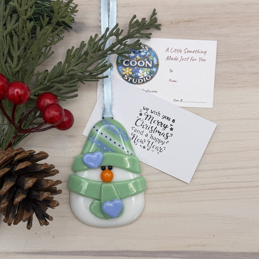 Fused Glass Snowman Ornament – Mint Green Handmade Christmas Ornament