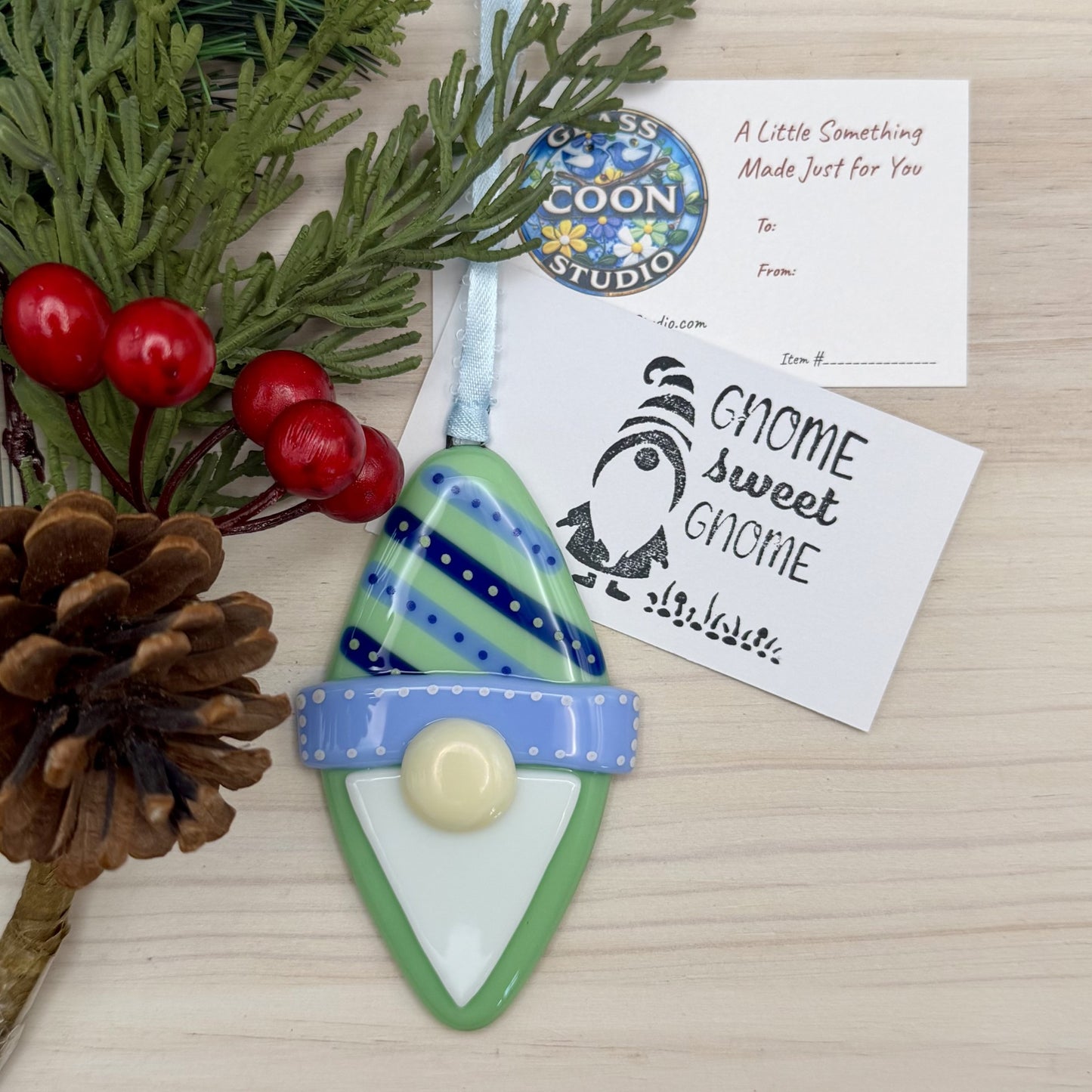 Handcrafted Fused Glass Gnome Christmas Ornament – Mint Green Holiday Gnome with Blue Hat – Handmade Glass Tree Decoration