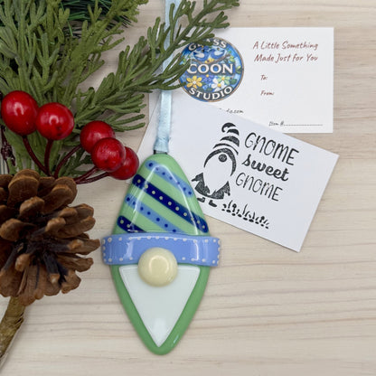 Handcrafted Fused Glass Gnome Christmas Ornament – Mint Green Holiday Gnome with Blue Hat – Handmade Glass Tree Decoration