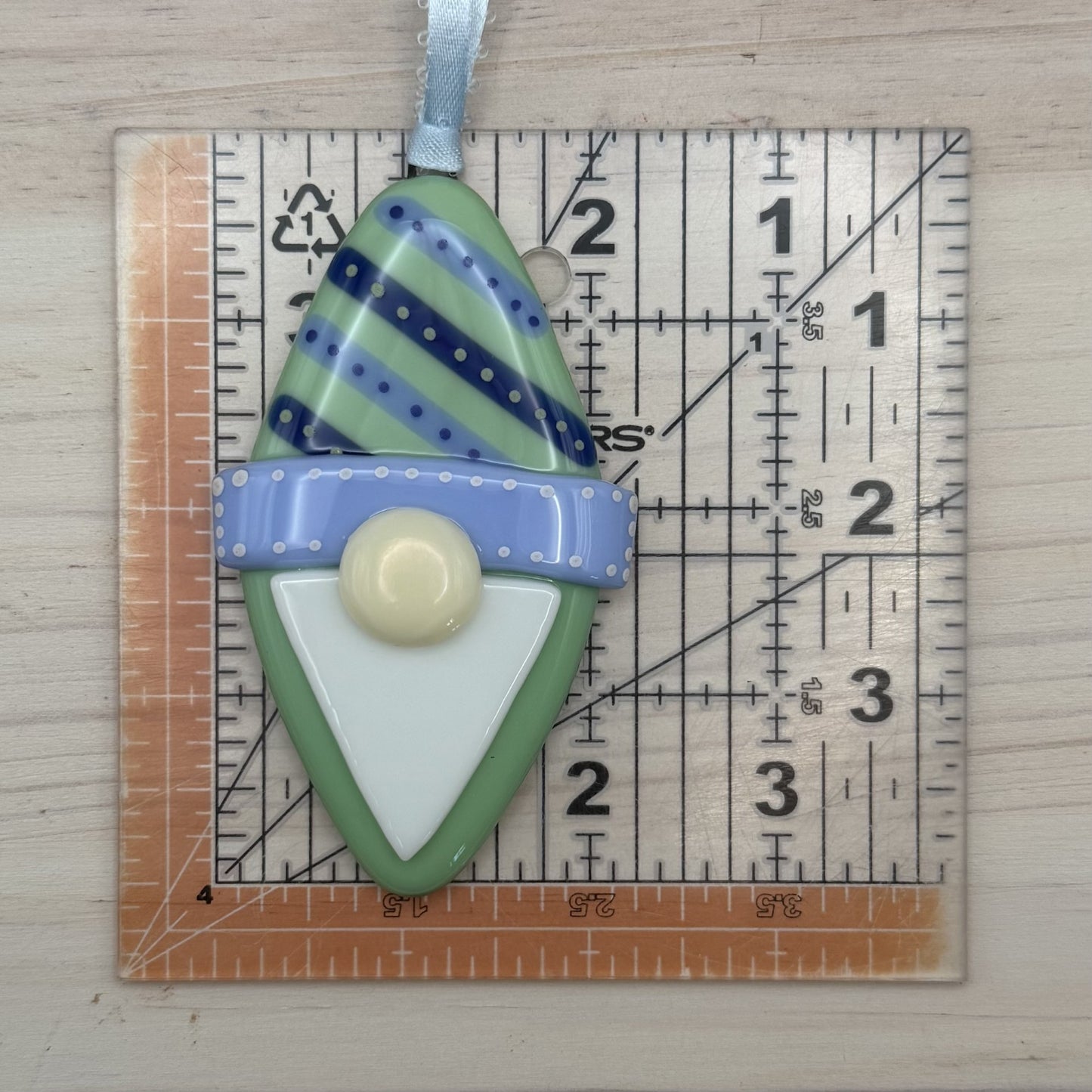 Handcrafted Fused Glass Gnome Christmas Ornament – Mint Green Holiday Gnome with Blue Hat – Handmade Glass Tree Decoration