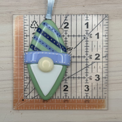 Handcrafted Fused Glass Gnome Christmas Ornament – Mint Green Holiday Gnome with Blue Hat – Handmade Glass Tree Decoration