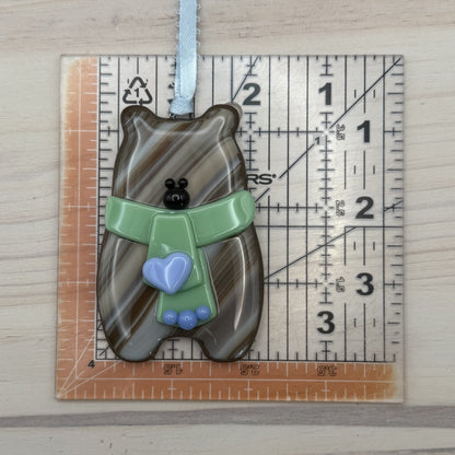 Handcrafted Fused Glass Brown Bear Ornament with Mint Green Scarf and Blue Heart – "You Make Everyday Bearable"