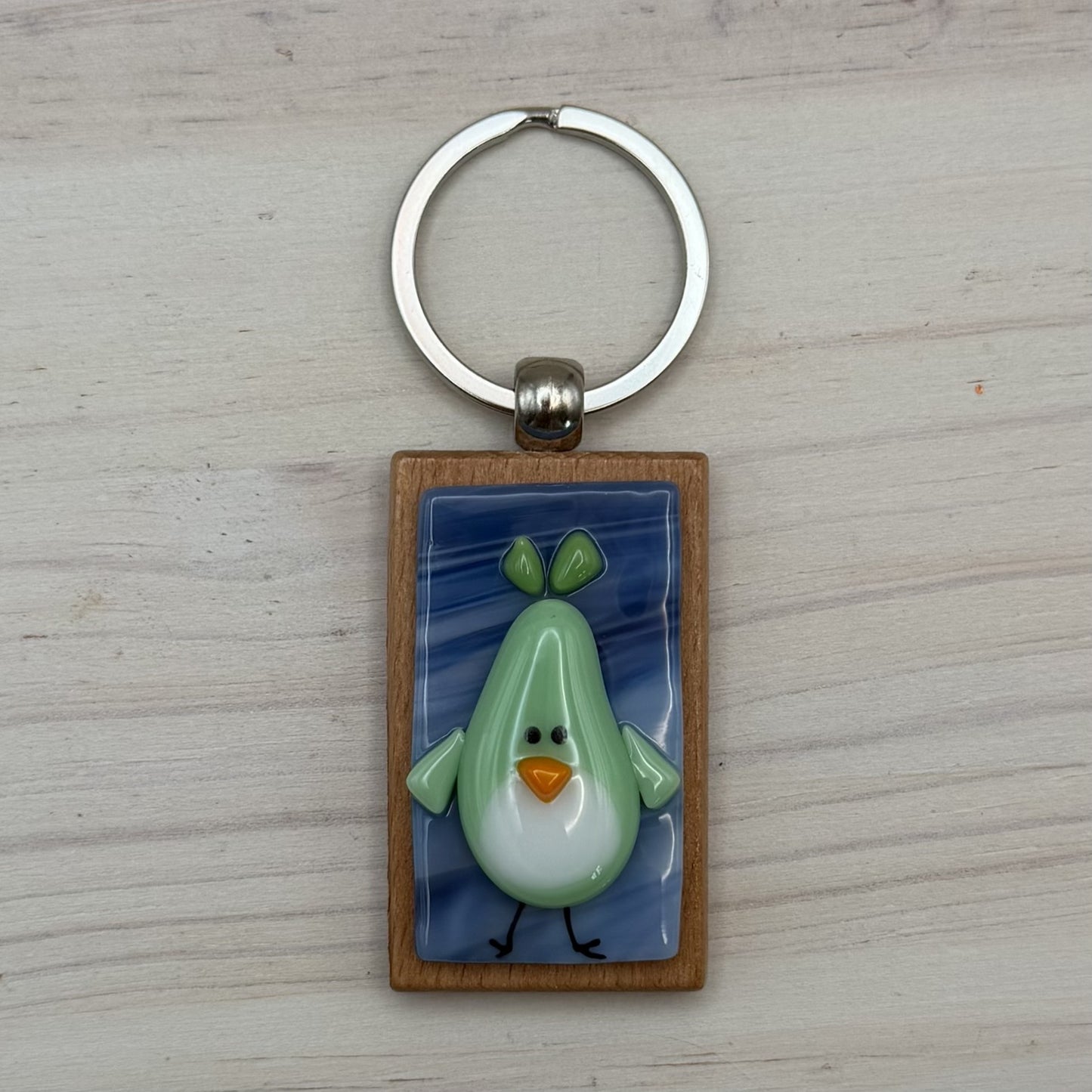 Handcrafted Fused Glass Green Bird Keychain, Purse Charm & Bag Accessory on Beechwood