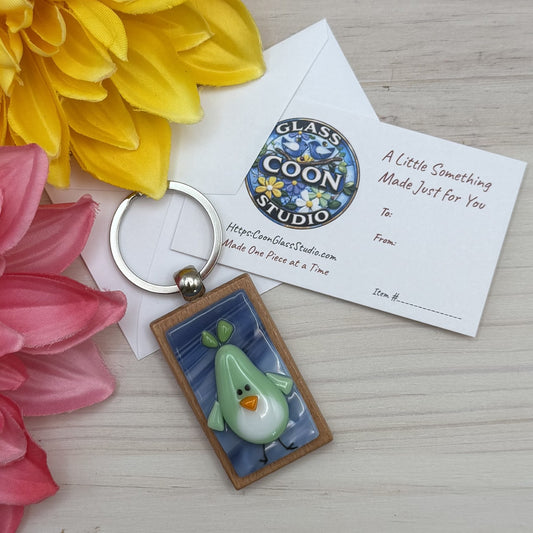 Handcrafted Fused Glass Green Bird Keychain, Purse Charm & Bag Accessory on Beechwood
