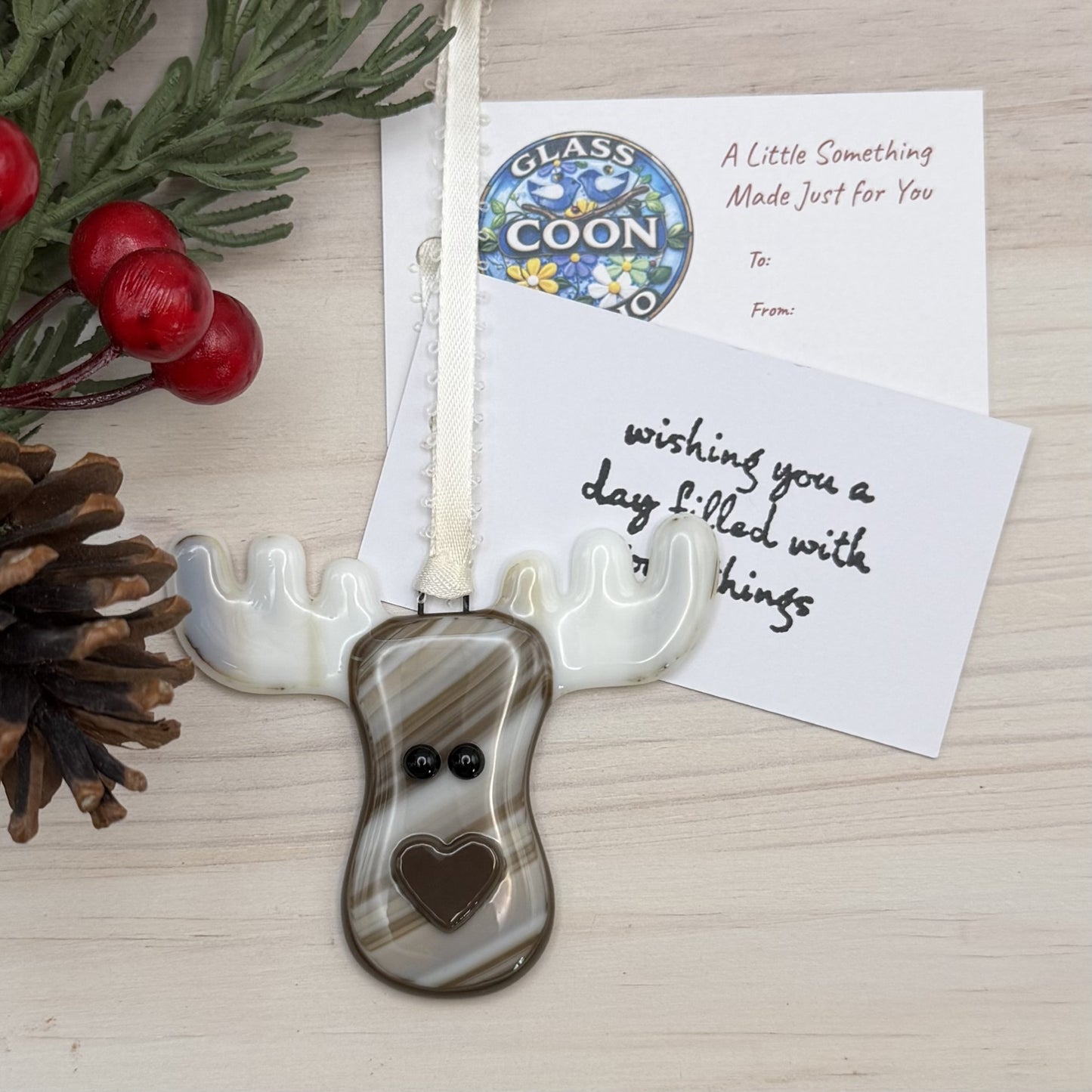 Handcrafted Fused Glass Moose Ornament – "Wishing You a Day Filled With Good Things"