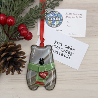 Handcrafted Fused Glass Brown Bear Ornament with Olive Green Scarf and Red Heart – "You Make Everyday Bearable"