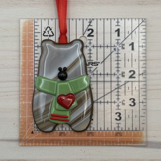 Handcrafted Fused Glass Brown Bear Ornament with Olive Green Scarf and Red Heart – "You Make Everyday Bearable"