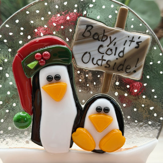 Fused Glass Penguin Snow Globe – “Baby, It’s Cold Outside” Winter Decor with Wood Stand