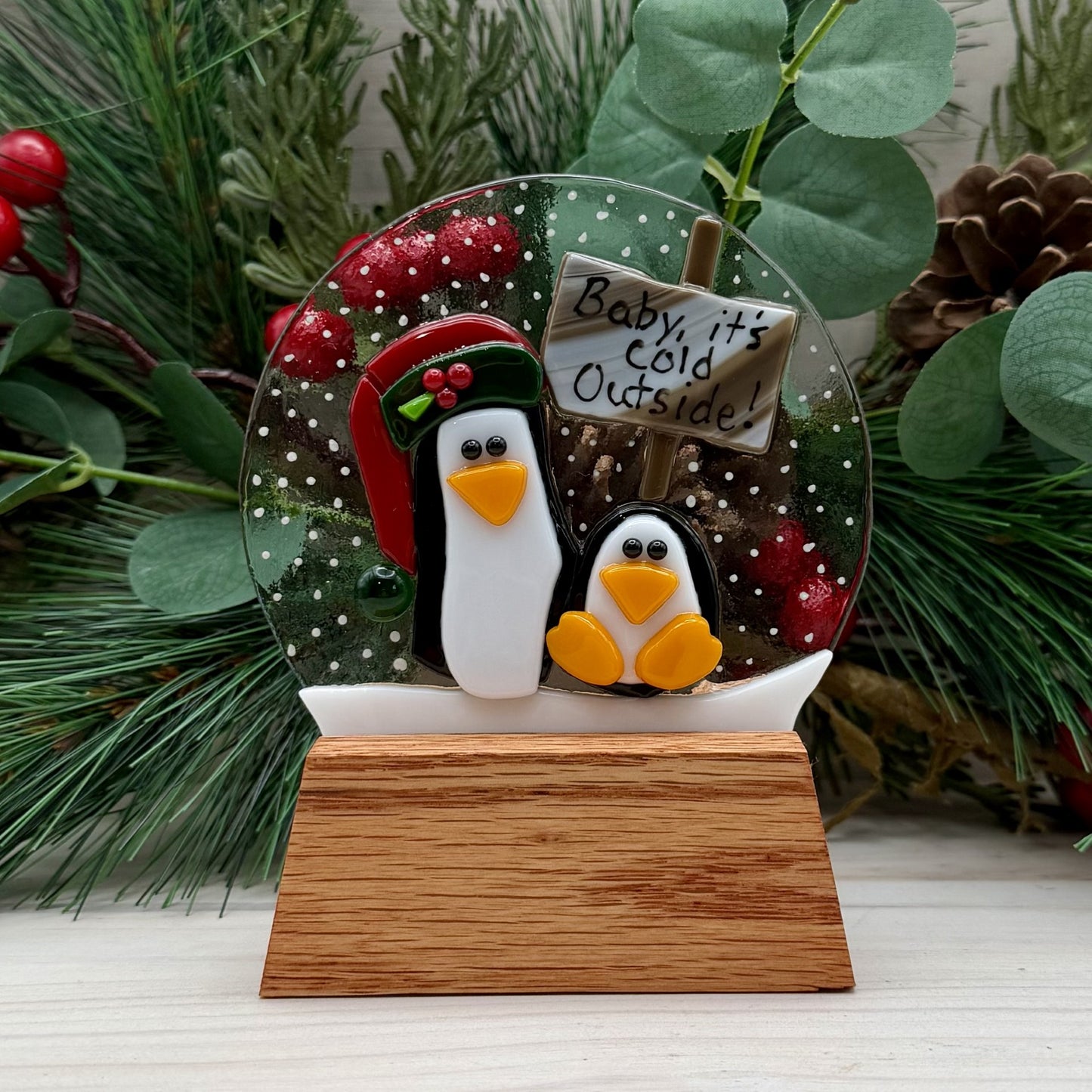 Fused Glass Penguin Snow Globe – “Baby, It’s Cold Outside” Winter Decor with Wood Stand