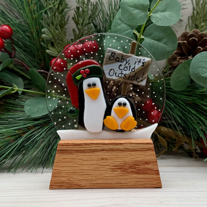 Fused Glass Penguin Snow Globe – “Baby, It’s Cold Outside” Winter Decor with Wood Stand