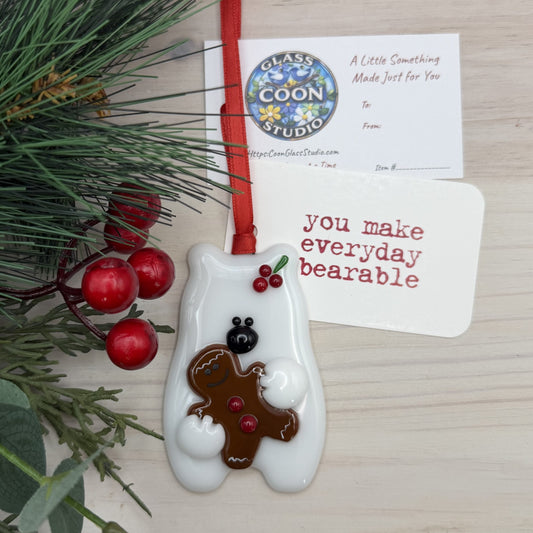 Fused Glass Polar Bear Ornament Holding a Gingerbread Man