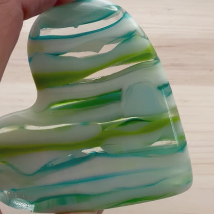 Large Aqua and Green Fused Glass Heart Keepsake Paperweight
