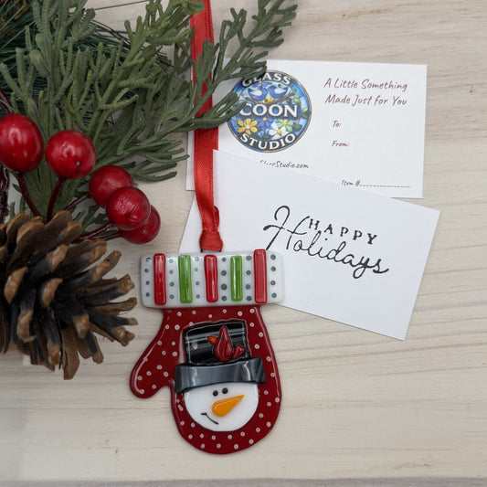 Fused Glass Red Mitten Ornament with Snowman and Red Bird