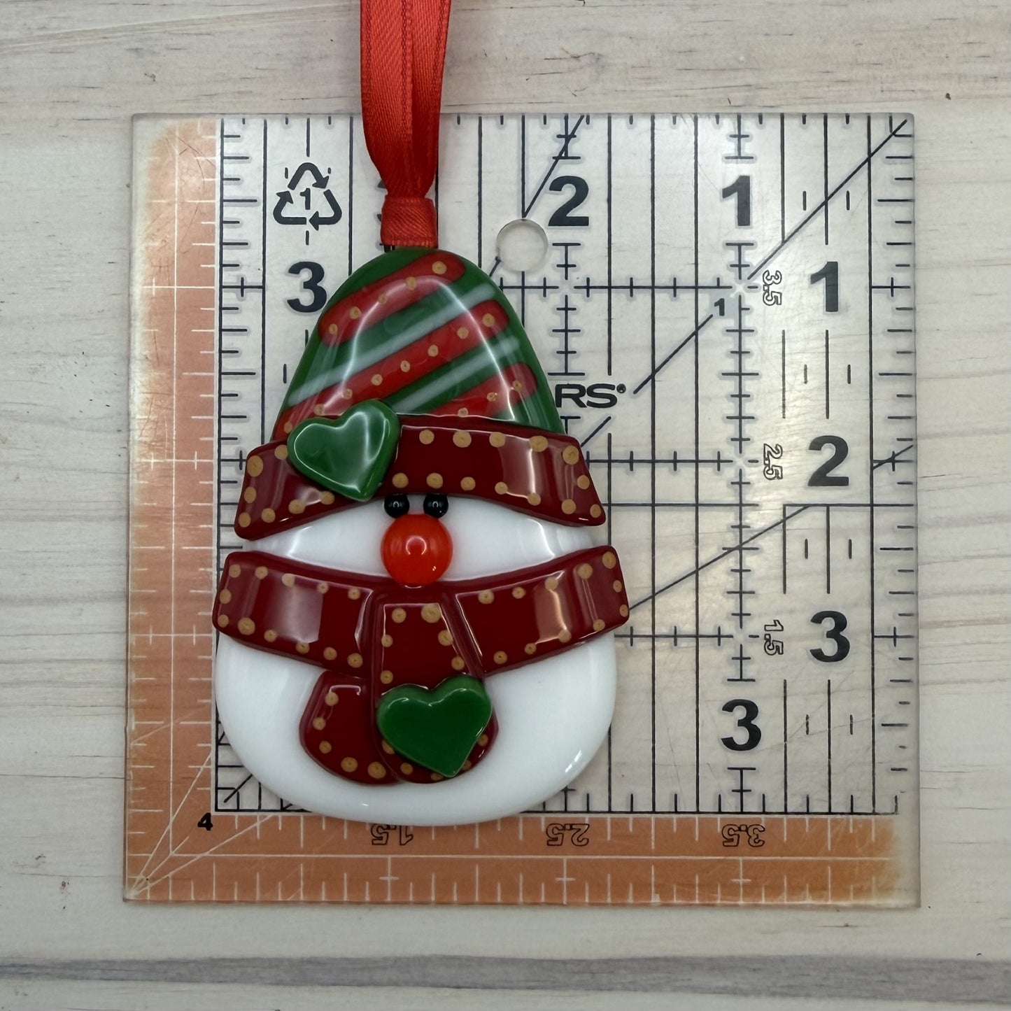 Fused Glass Snowman Ornament with Heart Scarf – Handmade Christmas Tree Decoration