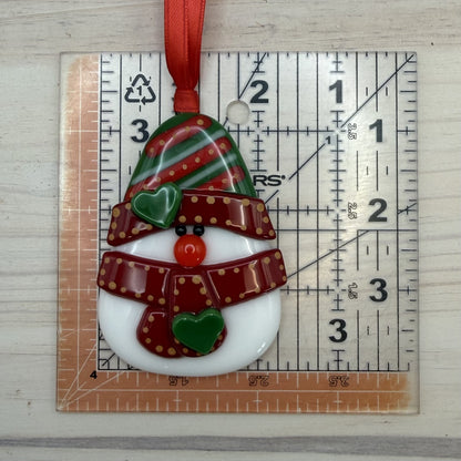 Fused Glass Snowman Ornament with Heart Scarf – Handmade Christmas Tree Decoration
