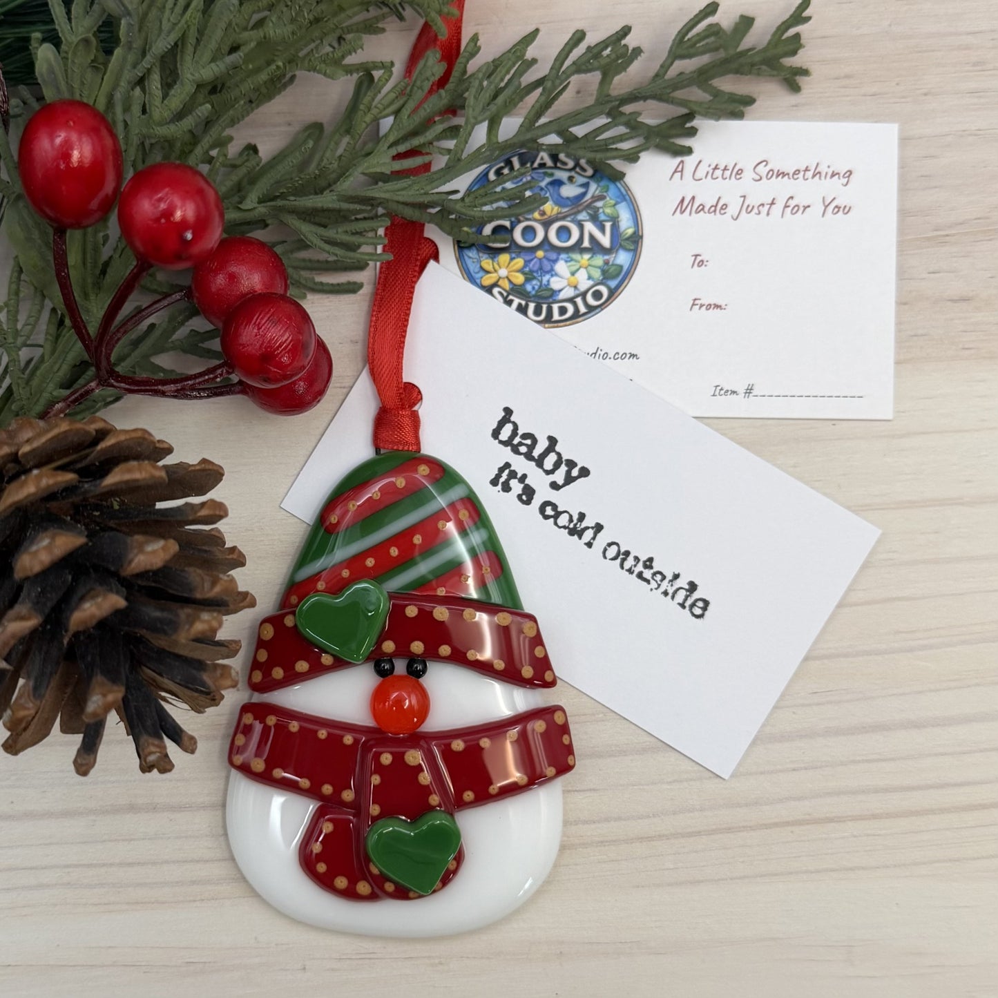 Fused Glass Snowman Ornament with Heart Scarf – Handmade Christmas Tree Decoration