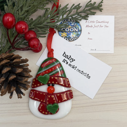 Fused Glass Snowman Ornament with Heart Scarf – Handmade Christmas Tree Decoration