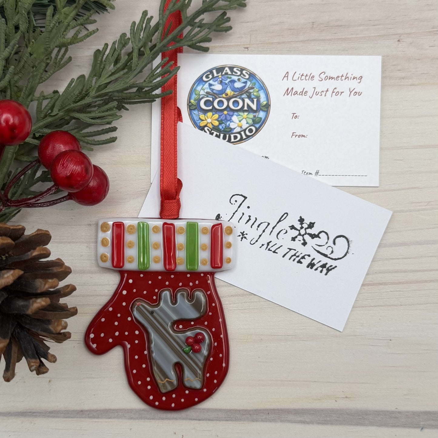 Handmade Fused Glass Reindeer Mitten Ornament – Red Christmas Ornament – "Jingle All The Way"