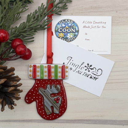 Handmade Fused Glass Reindeer Mitten Ornament – Red Christmas Ornament – "Jingle All The Way"