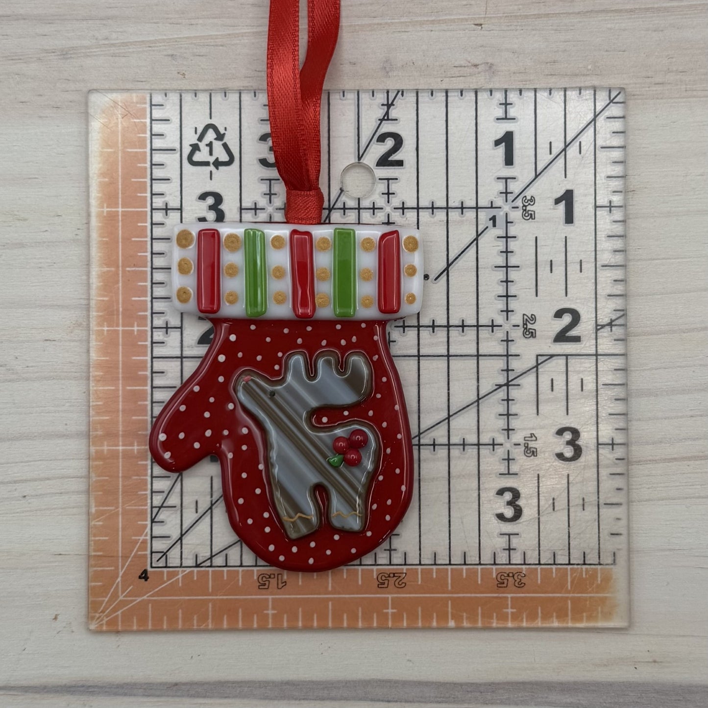 Handmade Fused Glass Reindeer Mitten Ornament – Red Christmas Ornament – "Jingle All The Way"