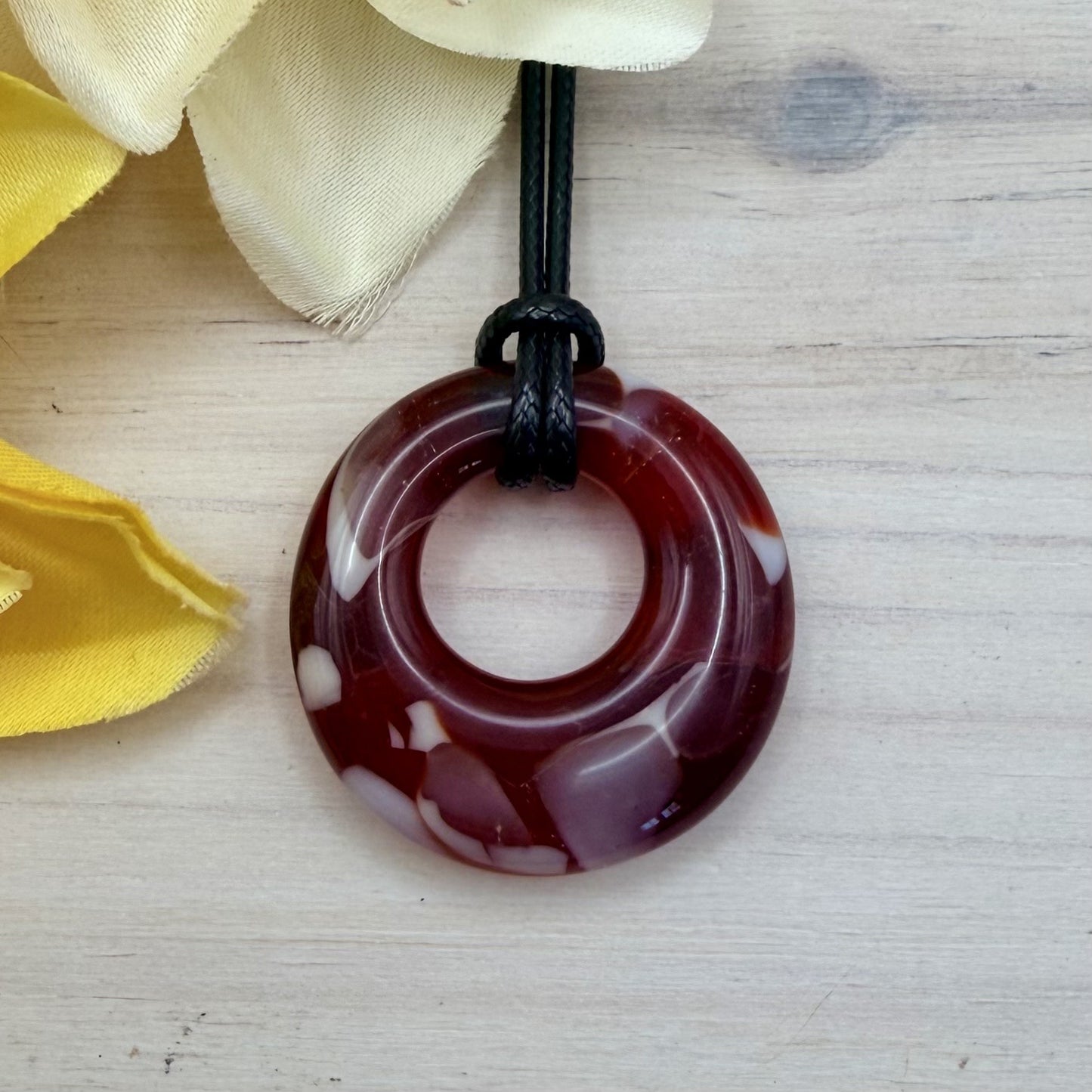 Red & White Fused Glass Donut Pendant Necklace – Handmade One-of-a-Kind Jewelry