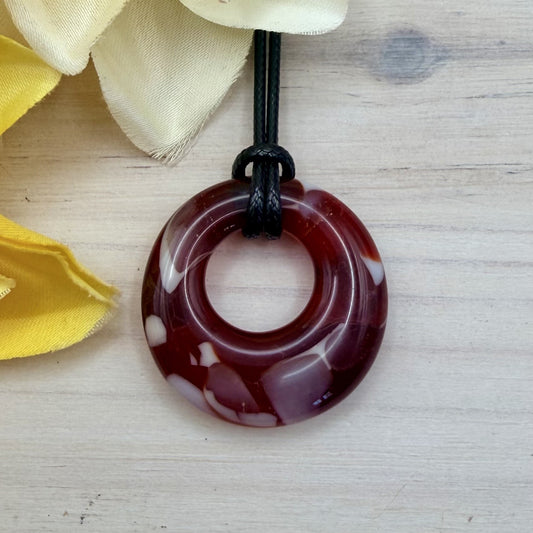 Red & White Fused Glass Donut Pendant Necklace – Handmade One-of-a-Kind Jewelry