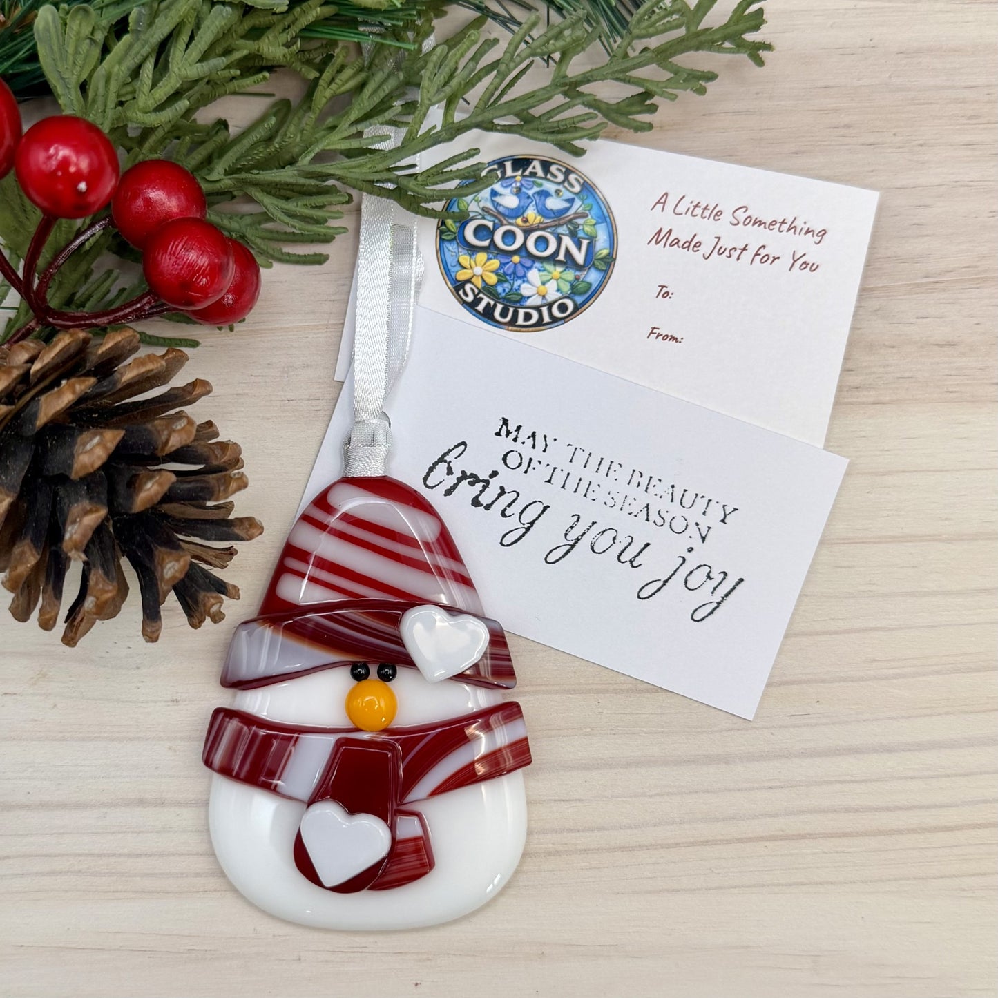 Fused Glass Snowman Ornament with Peppermint Scarf – Handmade Christmas Tree Decoration