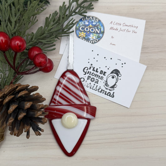 Handmade Fused Glass Gnome Ornament – Diamond Christmas Gnome with Red Striped Hat – Holiday Glass Ornament