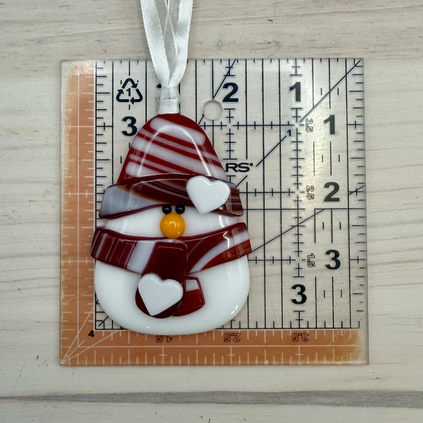 Fused Glass Snowman Ornament with Peppermint Scarf – Handmade Christmas Tree Decoration