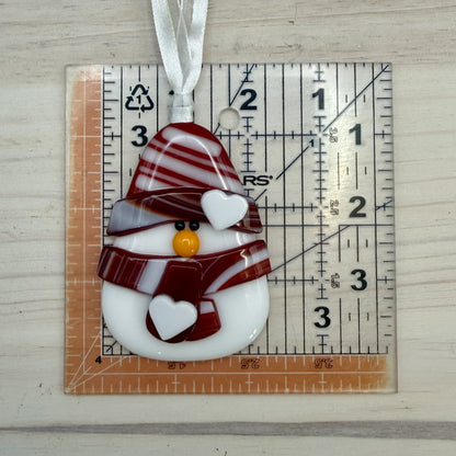 Fused Glass Snowman Ornament with Peppermint Scarf – Handmade Christmas Tree Decoration