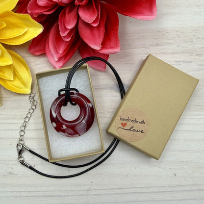 Red & White Fused Glass Donut Pendant Necklace – Handmade One-of-a-Kind Jewelry